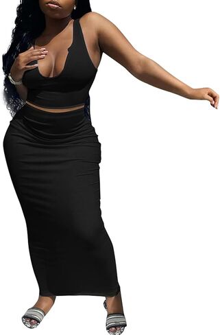 Womens Sexy Summer Scoop Neck Ribbed 2 Piece Outfits Dress Crop Tank Top Maxi Long Skirt Set Beach Party Dress in Saudi Arabia