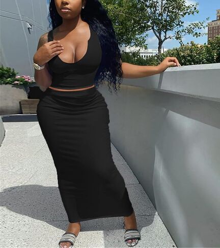 Womens Sexy Summer Scoop Neck Ribbed 2 Piece Outfits Dress Crop Tank Top Maxi Long Skirt Set Beach Party Dress in Saudi Arabia