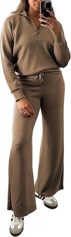 MISSFASHION Airy Essentials Set للنساء قطعتين ملابس نصف سحاب سويت شيرت واسع الساق Sweatpant صالة مجموعة رياضية in Kuwait