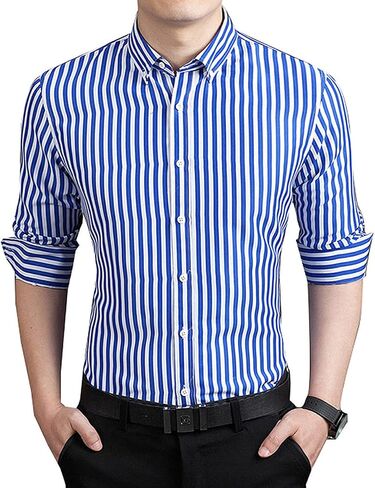 Men's Long Sleeve Dress Shirts Casual Business Vertical Striped Button Down Slim Fit Shirts in Kuwait