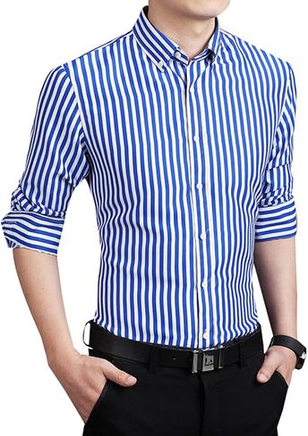 Men's Long Sleeve Dress Shirts Casual Business Vertical Striped Button Down Slim Fit Shirts in Kuwait