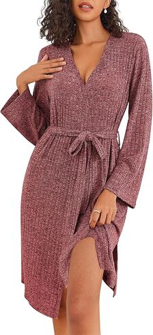 Ekouaer Robe for Women Ribbed Knit Kimono Robes Soft Side Slit Bathrobe Ladies Sleepwear with Pockets in Kuwait