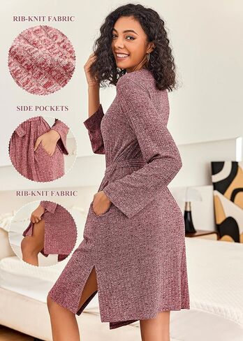 Ekouaer Robe for Women Ribbed Knit Kimono Robes Soft Side Slit Bathrobe Ladies Sleepwear with Pockets in Kuwait
