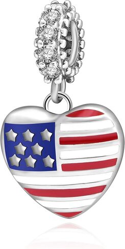 USA American Flag Charms 925 Sterling Silver Heart Love Motherland Charms Fits Pandora European Bracelet,Valentine's Day Gifts in Kuwait