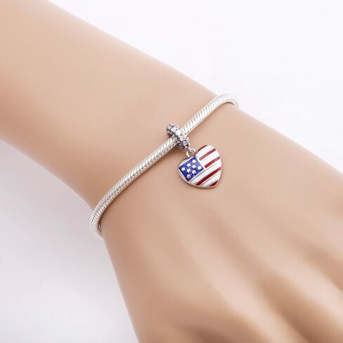 USA American Flag Charms 925 Sterling Silver Heart Love Motherland Charms Fits Pandora European Bracelet,Valentine's Day Gifts in Kuwait