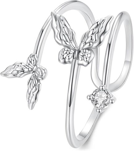 MOWIMO 925 الفضة الاسترليني فراشة مزدوجة خواتم الاصبع المفتوحة متعدد الطبقات قابل للتعديل خواتم بيان للنساء المجوهرات الجميلة in Kuwait