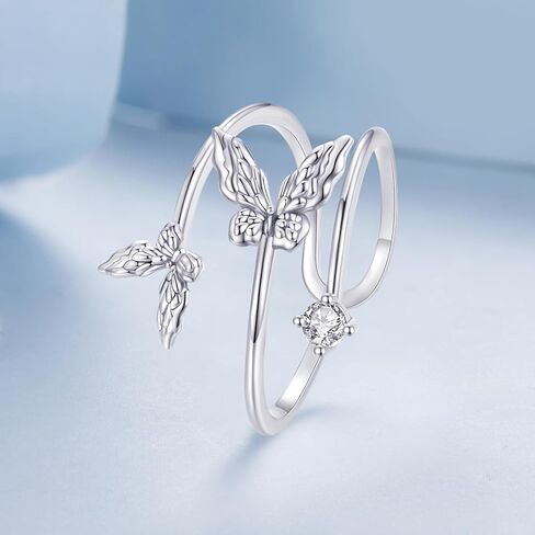 MOWIMO 925 الفضة الاسترليني فراشة مزدوجة خواتم الاصبع المفتوحة متعدد الطبقات قابل للتعديل خواتم بيان للنساء المجوهرات الجميلة in Kuwait