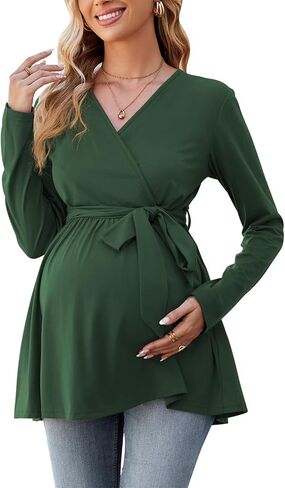 OUGES Women's Maternity Tunics Tops Shirts Long/Short Sleeve Wrap V Neck Nursing Maternity Clothes Casual Pregnancy Blouse in Saudi Arabia