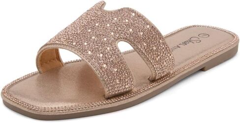 Herstyle Showstopper Womens Flat Sandals Fashion Rhinestone Slides Black Gold Silver Dressy Flat Sandals Open Toe Slip on Slippers Casual Bling Sandal for Summer in Kuwait