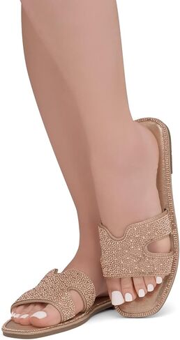 Herstyle Showstopper Womens Flat Sandals Fashion Rhinestone Slides Black Gold Silver Dressy Flat Sandals Open Toe Slip on Slippers Casual Bling Sandal for Summer in Kuwait