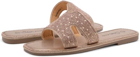 Herstyle Showstopper Womens Flat Sandals Fashion Rhinestone Slides Black Gold Silver Dressy Flat Sandals Open Toe Slip on Slippers Casual Bling Sandal for Summer in Kuwait