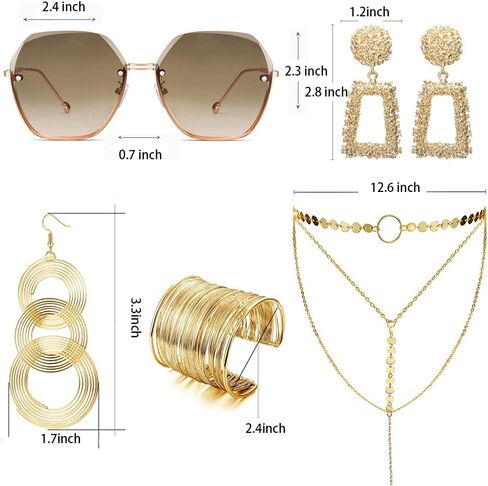 70s Disco Accessories Women 70s Disco Outfits with Gold Statement Earrings Dangle,Gold Cuff Bracelets For Women,70s Rimless Sunglasses,Layered Choker Necklace,70s Disco Earrings 5pcs Jewelry Sets in Kuwait