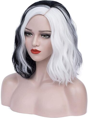 باروكات جوزيفي سوداء وبيضاء للنساء شعر مستعار مجعد قصير للحفلات التنكرية AD025BW in Kuwait