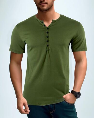 تي شيرت Viwedo رجالي بمقاس نحيف Henley بأكمام قصيرة وخفيف الوزن أساسي كاجوال in Kuwait