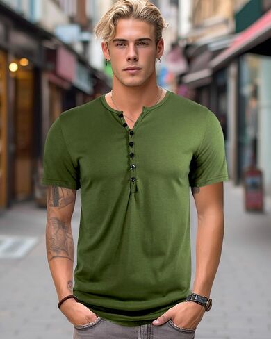 تي شيرت Viwedo رجالي بمقاس نحيف Henley بأكمام قصيرة وخفيف الوزن أساسي كاجوال in Kuwait