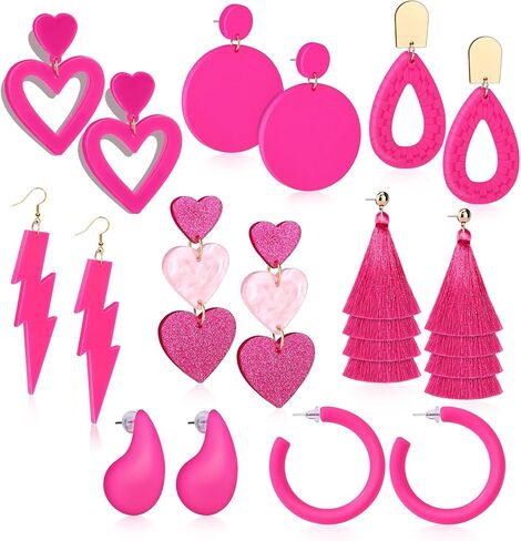 8 ازواج من الاقراط الزهرية للنساء، اقراط بلون زهري فاقع، اكسسوارات مجوهرات بينك لعيد الحب وعيد الام، اكريليك, أكريليك, اكريليك in Kuwait