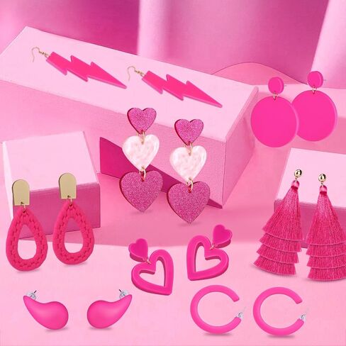 8 ازواج من الاقراط الزهرية للنساء، اقراط بلون زهري فاقع، اكسسوارات مجوهرات بينك لعيد الحب وعيد الام، اكريليك, أكريليك, اكريليك in Kuwait