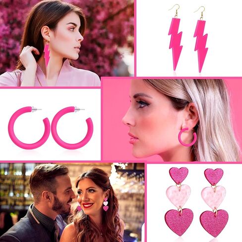 8 ازواج من الاقراط الزهرية للنساء، اقراط بلون زهري فاقع، اكسسوارات مجوهرات بينك لعيد الحب وعيد الام، اكريليك, أكريليك, اكريليك in Kuwait