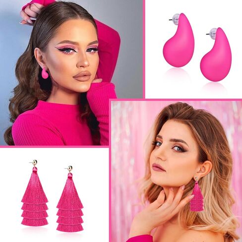 8 ازواج من الاقراط الزهرية للنساء، اقراط بلون زهري فاقع، اكسسوارات مجوهرات بينك لعيد الحب وعيد الام، اكريليك, أكريليك, اكريليك in Kuwait