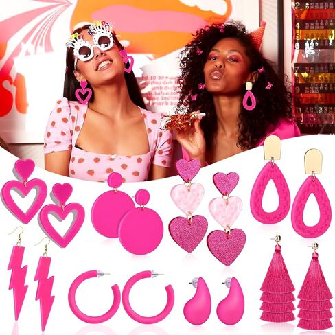 8 ازواج من الاقراط الزهرية للنساء، اقراط بلون زهري فاقع، اكسسوارات مجوهرات بينك لعيد الحب وعيد الام، اكريليك, أكريليك, اكريليك in Kuwait