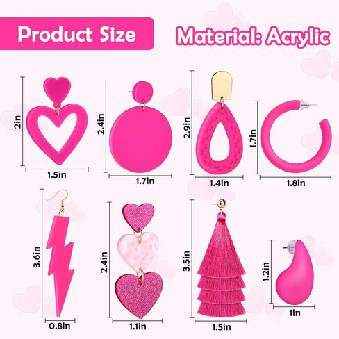 8 ازواج من الاقراط الزهرية للنساء، اقراط بلون زهري فاقع، اكسسوارات مجوهرات بينك لعيد الحب وعيد الام، اكريليك, أكريليك, اكريليك in Kuwait