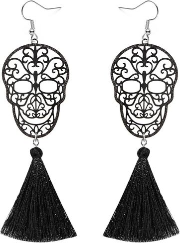 الهالوين الجمجمة شرابة قطرة تتدلى الأقراط السوداء النساء الفتيات اليدوية الشرير القوطي الهيكل العظمي الأزياء بيان مجوهرات خفيفة الوزن يوم الميت تأثيري حلي حزب الإحسان هدية in Kuwait