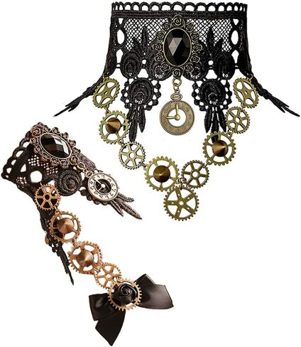 Bagtu الأسود خمر الدانتيل قلادة مجموعة للنساء، الرجعية والعتاد المختنق القوطية الشرير مجموعة المجوهرات اليدوية البخار فاسق الترقوة قلادة مع سوار الكريستال الأسود للفتيات in Kuwait