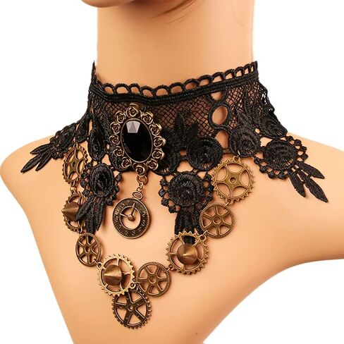 Bagtu الأسود خمر الدانتيل قلادة مجموعة للنساء، الرجعية والعتاد المختنق القوطية الشرير مجموعة المجوهرات اليدوية البخار فاسق الترقوة قلادة مع سوار الكريستال الأسود للفتيات in Kuwait