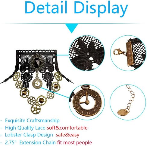 Bagtu الأسود خمر الدانتيل قلادة مجموعة للنساء، الرجعية والعتاد المختنق القوطية الشرير مجموعة المجوهرات اليدوية البخار فاسق الترقوة قلادة مع سوار الكريستال الأسود للفتيات in Kuwait