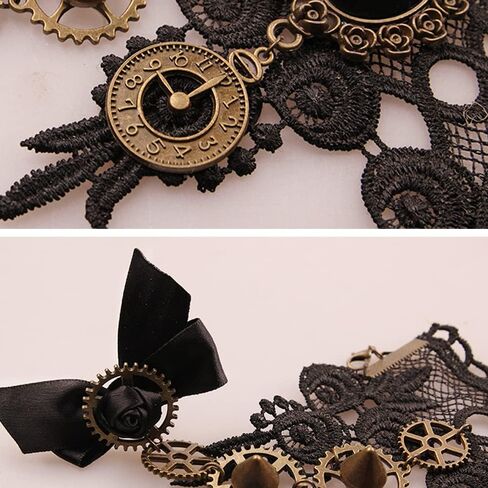 Bagtu الأسود خمر الدانتيل قلادة مجموعة للنساء، الرجعية والعتاد المختنق القوطية الشرير مجموعة المجوهرات اليدوية البخار فاسق الترقوة قلادة مع سوار الكريستال الأسود للفتيات in Kuwait