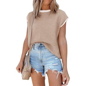 Womens Cap Sleeve Sweater Vest Summer Tops Sleeveless Tank Tops 2024 Trendy Spring Clothes Striped Short Sleeve Shirts