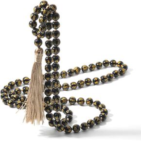 اواييت 108 خرزة مالا بوذا قلادة من الحجر الطبيعي حجر الزجاج البركاني مالا للصلاة مطرز بشراشيب in Kuwait