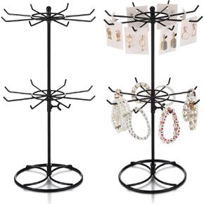 2 Pcs Rotating Bracelet Display Stand Jewelry Rack Metal Adjustable Display Holder with Hooks Organizer for Necklace (White,2 Tier)