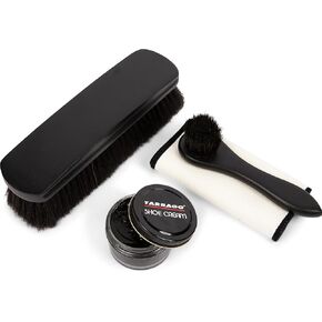 مجموعة كريم الأحذية السوداء من تاراغو مكونة من 4 قطع - مجموعة كاملة للعناية بالجلد مع فرش شعر الخيل بنسبة 100%، وأداة توزيع المكياج، وقماش لامع in Kuwait