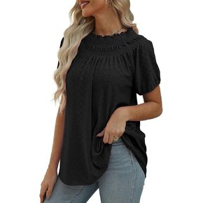Beimuc Womens Summer Tops 2024 Plus Size Ruffle Pleated Neck Puffy Sleeve Oversized T Shirt Lantern Sleeve Tops