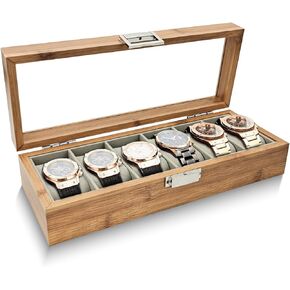WisePoint Watches Box 6 Slot, Wood Watch Case Watch Storage Organizer with Removable Pillows, Retro Watch Display Storage Box Watch Display Case with Glass Lid for Watches (6-slot)