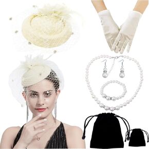 المرأة الفاسناتور قبعة زهرة ريشة شبكة الوجه الحجاب مشبك شعر علبة حبوب منع الحمل القبعات مع مجموعة اكسسوارات اللؤلؤ وقفازات الساتان قصيرة in Kuwait