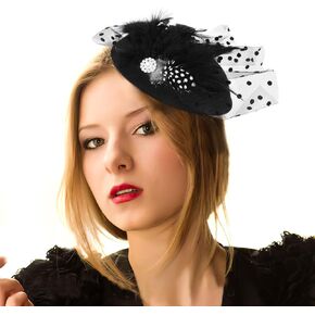 Yolev الأسود قطع زينة للنساء قبعات مستديرة 20s 50s قبعة مع ريشة شبكة الحجاب كوكتيل الشاي أغطية الرأس للفتيات والنساء in Kuwait