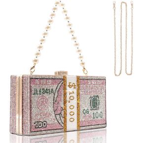TANOSII Women Stack of Cash Evening Bag Crystal Rhinestone Clutch Money Shoulder Bag Dollar Bill Purse