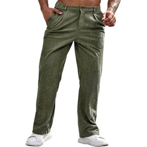 Runcati Mens Corduroy Pants Elastic Waist Straight Leg Casual Pleated Pants with Pockets in Kuwait