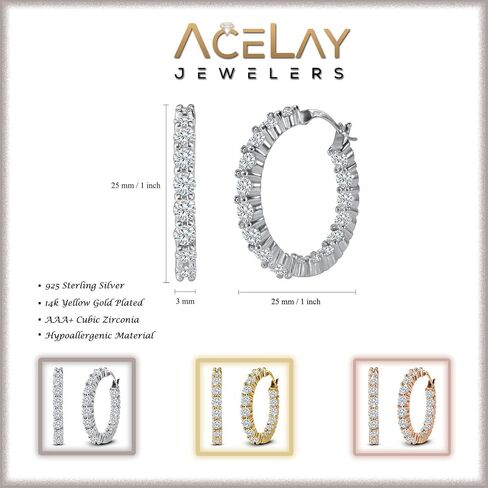 AceLay 14k Gold Plated Sterling Silver Hoop Earrings For Women Filled With CZ Stones | Hypoallergenic Huggies Earring | 25mm silver earrings for women in Kuwait