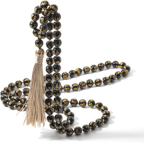 اواييت 108 خرزة مالا بوذا قلادة من الحجر الطبيعي حجر الزجاج البركاني مالا للصلاة مطرز بشراشيب in Kuwait