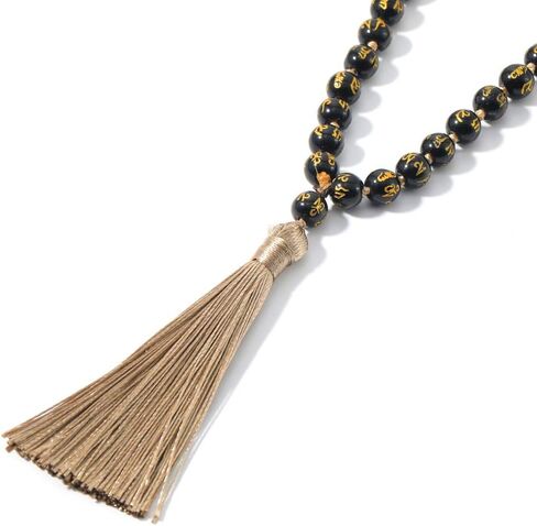 اواييت 108 خرزة مالا بوذا قلادة من الحجر الطبيعي حجر الزجاج البركاني مالا للصلاة مطرز بشراشيب in Kuwait