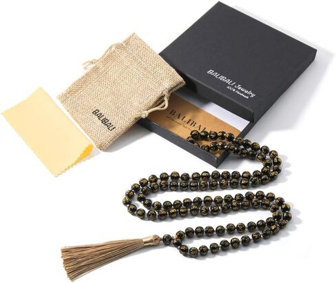 اواييت 108 خرزة مالا بوذا قلادة من الحجر الطبيعي حجر الزجاج البركاني مالا للصلاة مطرز بشراشيب in Kuwait