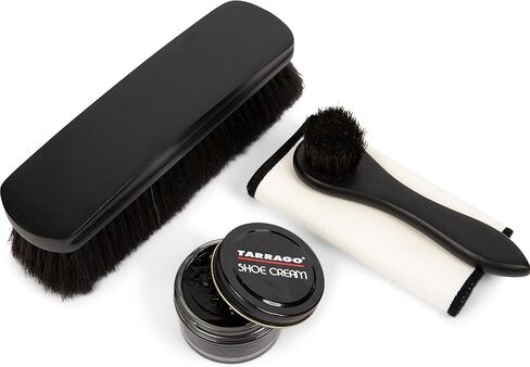 مجموعة كريم الأحذية السوداء من تاراغو مكونة من 4 قطع - مجموعة كاملة للعناية بالجلد مع فرش شعر الخيل بنسبة 100%، وأداة توزيع المكياج، وقماش لامع in Kuwait