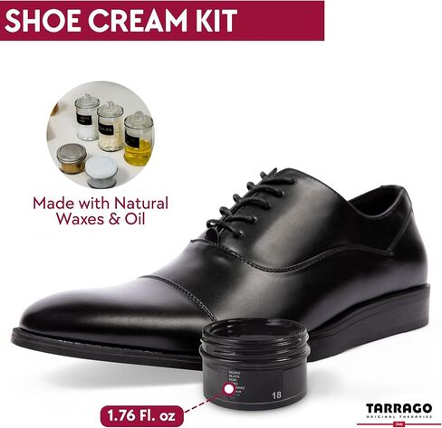 مجموعة كريم الأحذية السوداء من تاراغو مكونة من 4 قطع - مجموعة كاملة للعناية بالجلد مع فرش شعر الخيل بنسبة 100%، وأداة توزيع المكياج، وقماش لامع in Kuwait