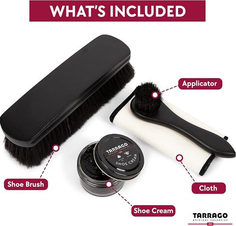 مجموعة كريم الأحذية السوداء من تاراغو مكونة من 4 قطع - مجموعة كاملة للعناية بالجلد مع فرش شعر الخيل بنسبة 100%، وأداة توزيع المكياج، وقماش لامع in Kuwait