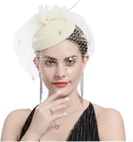 المرأة الفاسناتور قبعة زهرة ريشة شبكة الوجه الحجاب مشبك شعر علبة حبوب منع الحمل القبعات مع مجموعة اكسسوارات اللؤلؤ وقفازات الساتان قصيرة in Saudi Arabia