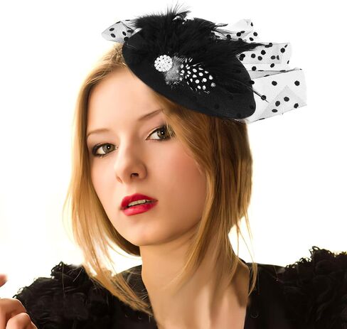 Yolev الأسود قطع زينة للنساء قبعات مستديرة 20s 50s قبعة مع ريشة شبكة الحجاب كوكتيل الشاي أغطية الرأس للفتيات والنساء in Kuwait