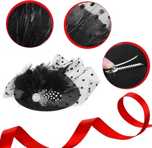 Yolev الأسود قطع زينة للنساء قبعات مستديرة 20s 50s قبعة مع ريشة شبكة الحجاب كوكتيل الشاي أغطية الرأس للفتيات والنساء in Kuwait